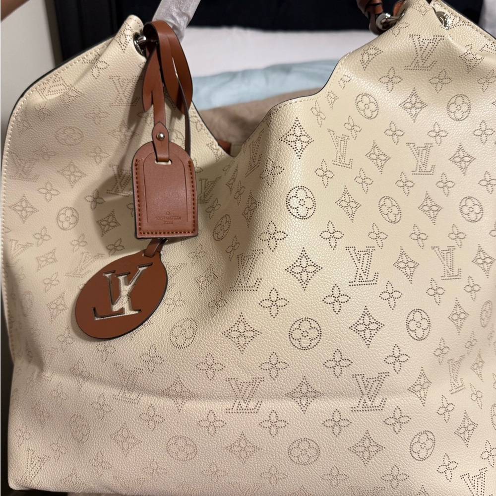 Louis Vuitton Ivory Perforated Monogram Tote with Brown Trim